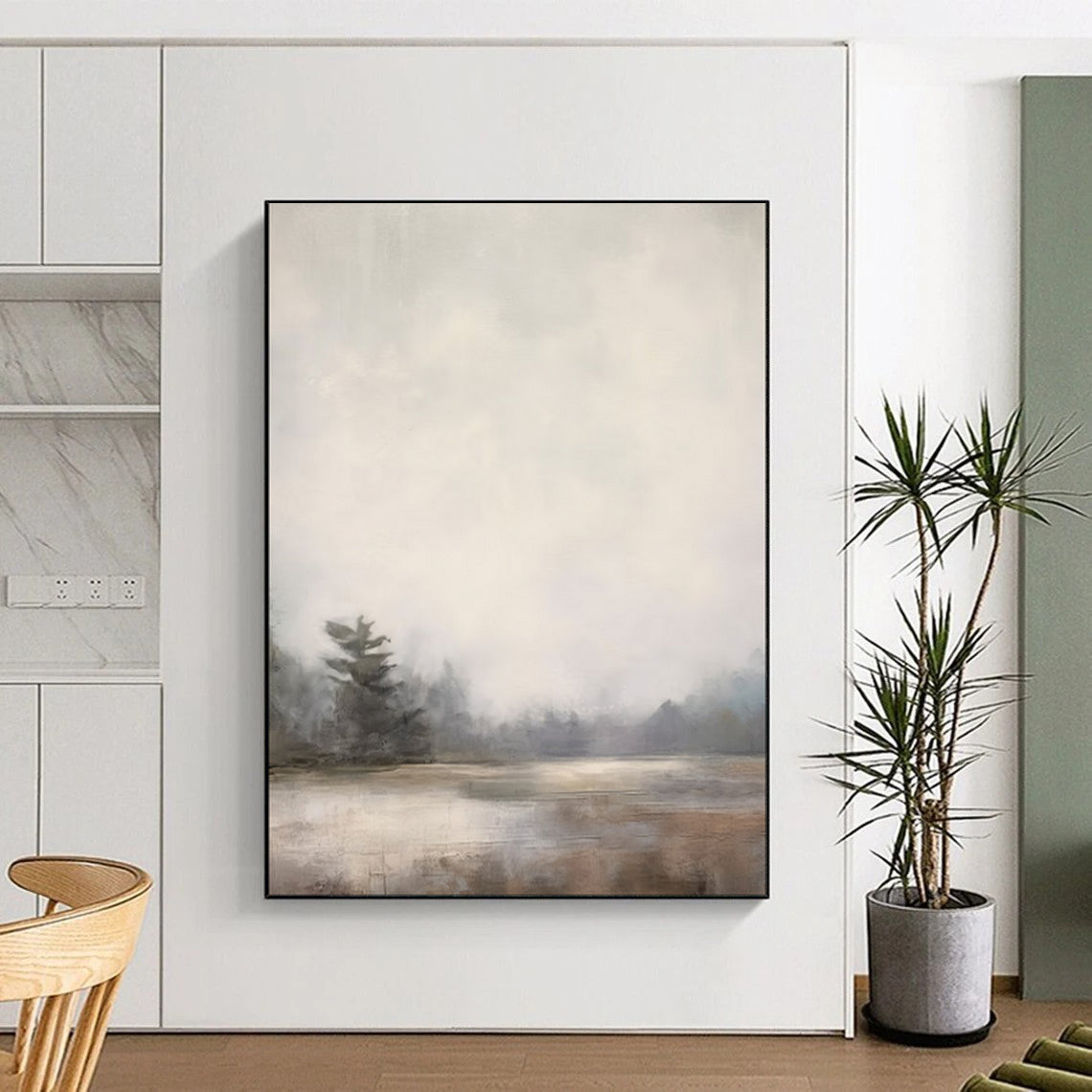 “Lonely Pine in Mist” – Impressionistic Landscape Oil Painting with Gray and Beige Hues CT2058