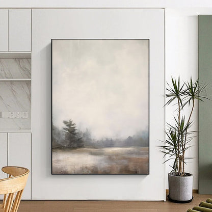 “Lonely Pine in Mist” – Impressionistic Landscape Oil Painting with Gray and Beige Hues CT2058