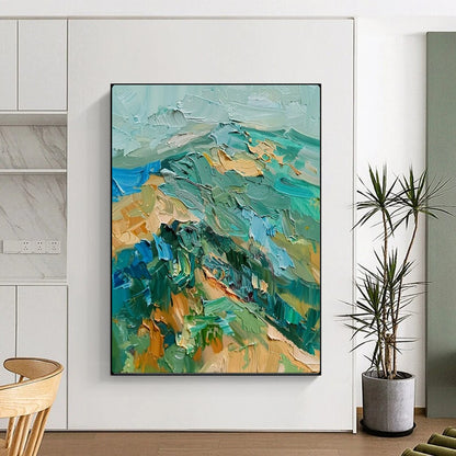 “Textured Green & Blue Mountainscape” – Impasto Landscape Painting On Canvas CT2120
