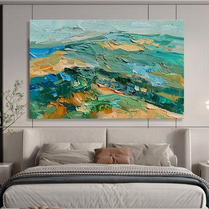 “Turquoise & Green Textured Landscape” Impasto Oil Painting On Canvas DKH341