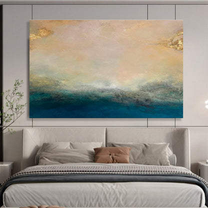“Gold - Tipped Abstract Horizon” - Soft Multicolor Abstract Landscape Painting On Canvas DKH770