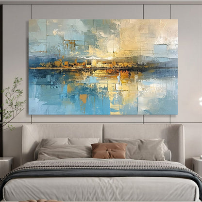“Geometric, Coastal Cityscape ‘Abstract Harbor View’” - Cubist - Inspired Landscape Painting On Canvas DLZ050