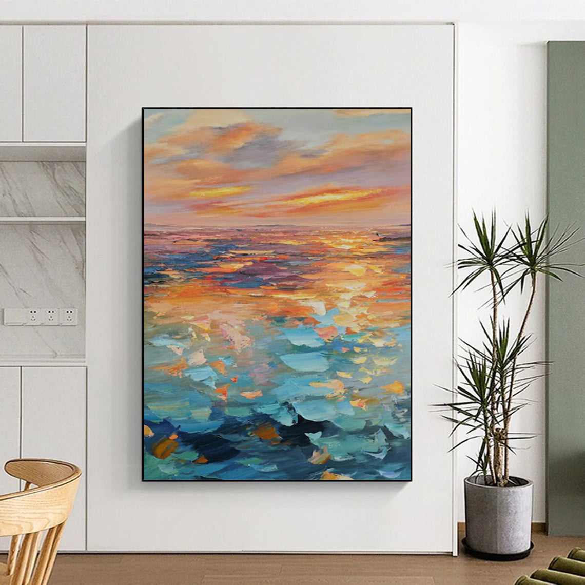 “Colorful Sea Sunset” - Orange, Pink & Blue Seaside Landscape Painting On Canvas CT2204