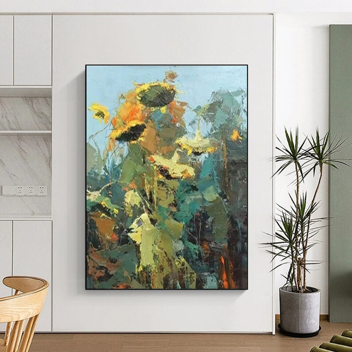 Impasto Sunflower Blooms, “Sunflower Symphony” - Impressionistic Abstract Oil Painting CT0732