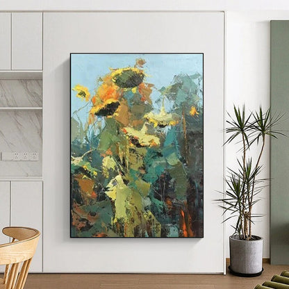 Impasto Sunflower Blooms, “Sunflower Symphony” - Impressionistic Abstract Oil Painting CT0732