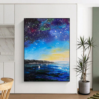 “Starry Night by the Sea: Impressionist Celestial Landscape” - Impasto Oil on Canvas CT1901