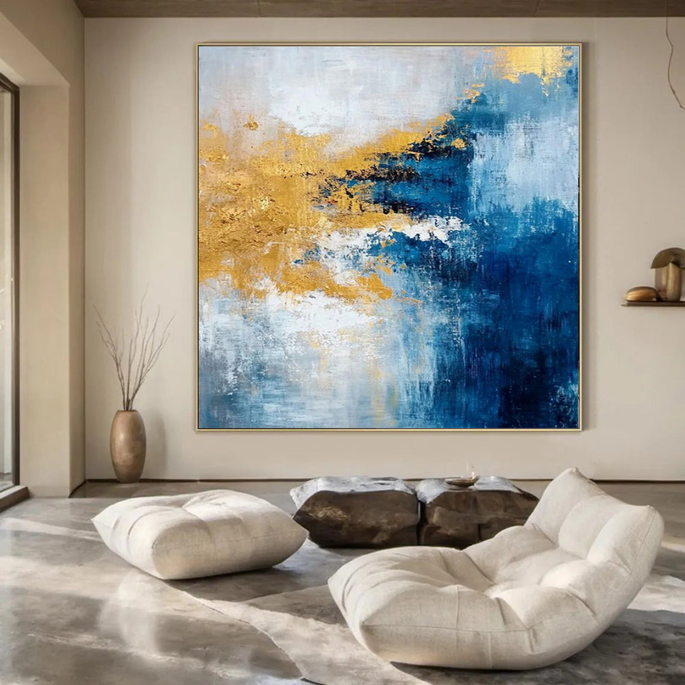 “Blue, Gold, White Colliding Waves” – Vibrant Abstract Art CT1009