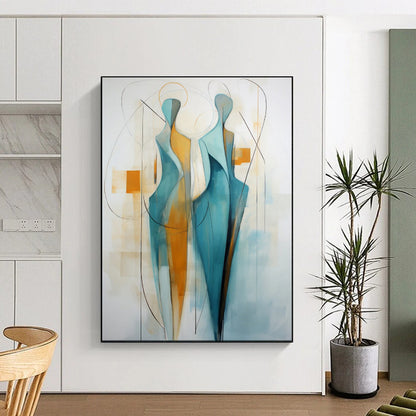 “Abstract Figures in Teal & Amber” - Modernist Figurative Acrylic on Canvas CT1888