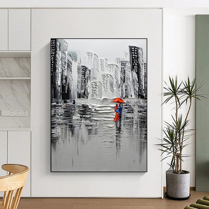 “Urban Rain Romance in Grayscale & Red” - Textured Cityscape Painting On Canvas DKH1600