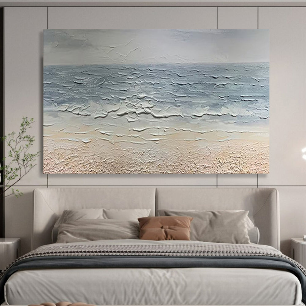 “Textured Seashore - Gray & Beige Impasto Beach Painting On Canvas” DKH865