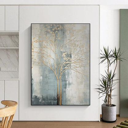 Gold Tree, Blue - Grey Background - "Gilded Growth" - Abstract Landscape Painting CT1838