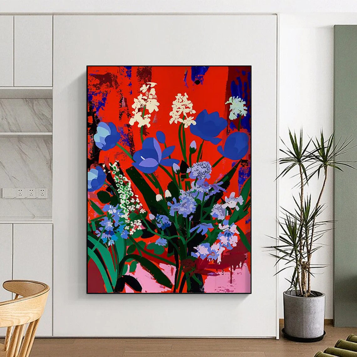 “Blue - White Flowers on Red” - Pop Art - Inspired Floral Painting On Canvas DTP101