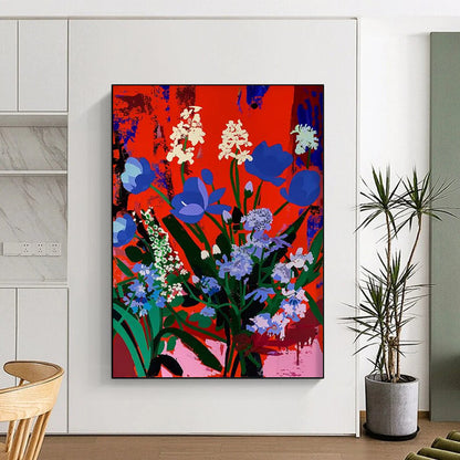 “Blue - White Flowers on Red” - Pop Art - Inspired Floral Painting On Canvas DTP101
