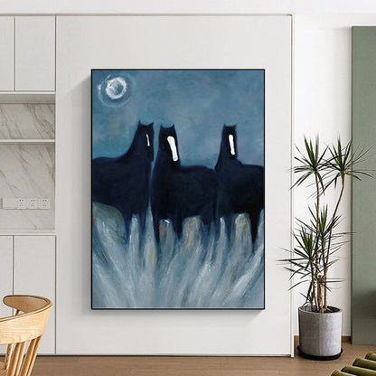 Mystical Black Horses in Tall Grass - Equine Painting On Canvas DKH1444