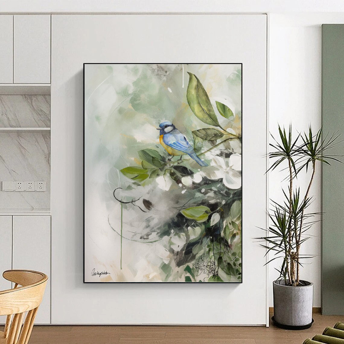 “Blue and Yellow Bird on a Branch” - Nature - Inspired Watercolor Painting On Canvas DKH1085