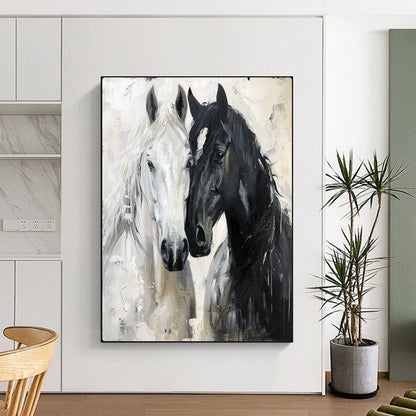 “Black & White Equine Bond” – Impasto Animal Painting On Canvas CT2122