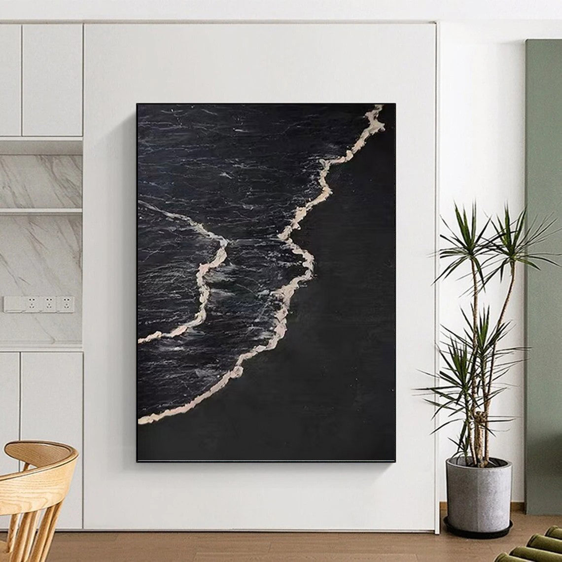 “Black & White Wave Contrast” - Black & White Minimalist Seascape Painting On Canvas DKH0959