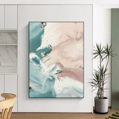 “Blush - Teal Flow” - Blush, Teal, White Fluid Shapes Painting On Canvas DTP277