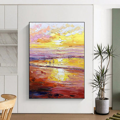 Vibrant Sunset Beach in Warm Hues - Impressionistic Landscape Painting On Canvas DKH1306