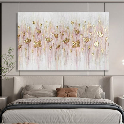 Golden Wildflowers - Pink & Gold Delicate Floral Painting On Canvas DKH875