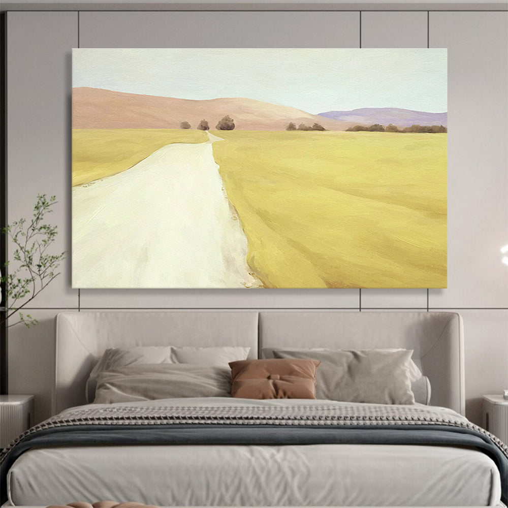 “Golden Path to Distant Hills” - Yellow, Beige, Purple Realistic Landscape Painting On Canvas DKH742