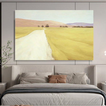 “Golden Path to Distant Hills” - Yellow, Beige, Purple Realistic Landscape Painting On Canvas DKH742