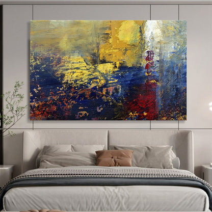 “Golden Dusk Abstraction” - Gold, Blue, Red Abstract Oil Painting On Canvas DKH722