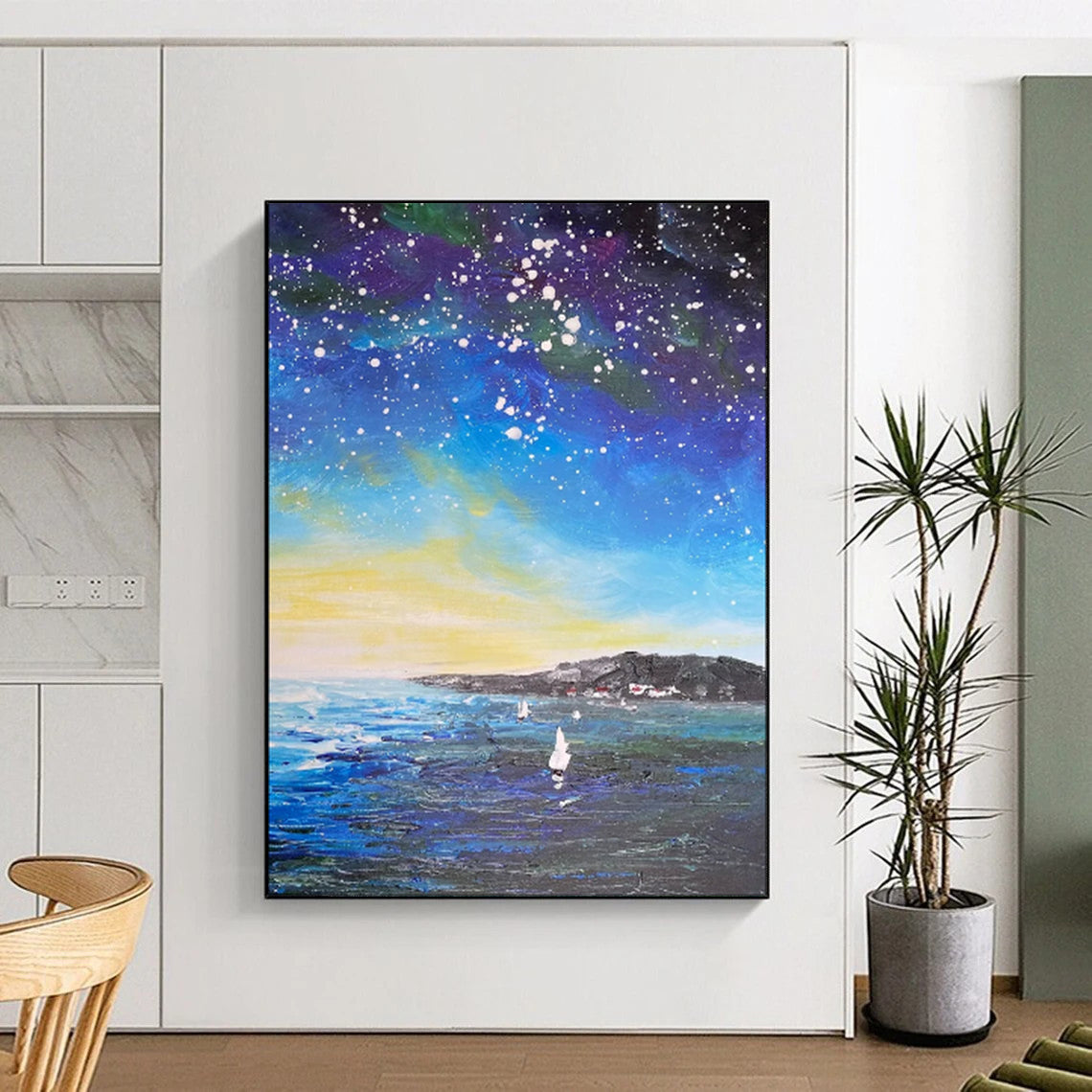 “Celestial Coastal Sail: Impressionist Night Sky Art” - Impasto Oil on Canvas CT1902
