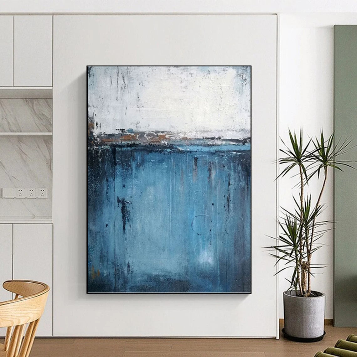 “Minimalist Drips” - Blue and White Abstract with Dripping Effects Painting On Canvas DKH1558