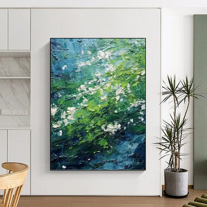 Green and Blue Floral Stream - Impasto Landscape Painting On Canvas DKH1404