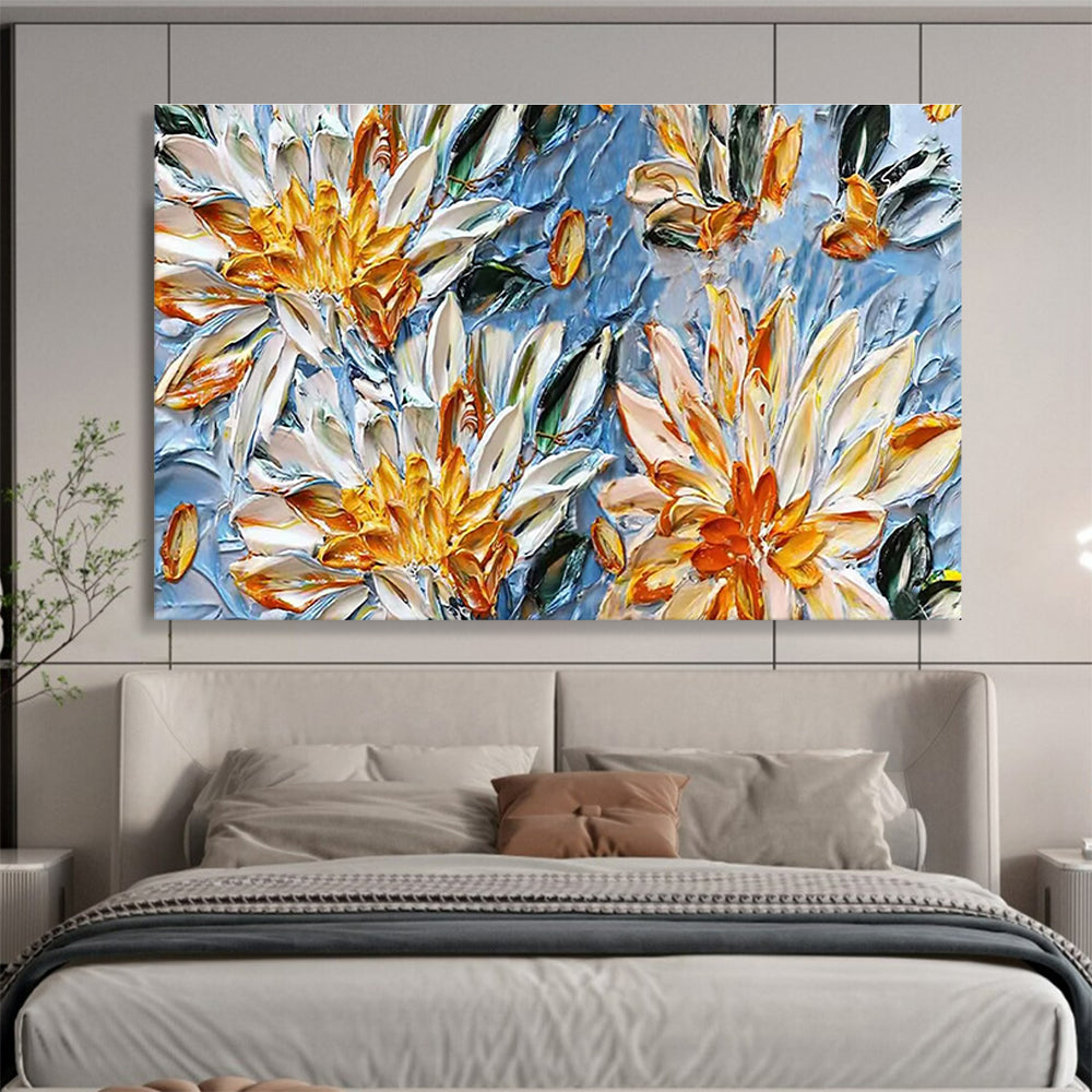 Yellow & White Floral Textures - Blue, Yellow & White Botanical Painting On Canvas DKH896