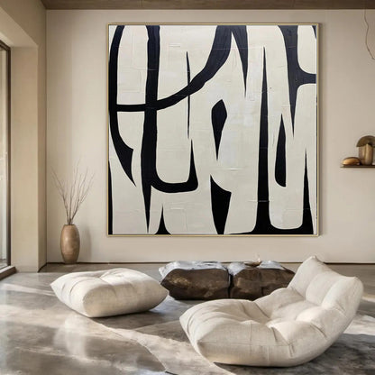 “Black - White Bold Linear Forms” – Graphic Abstract Painting CT1133