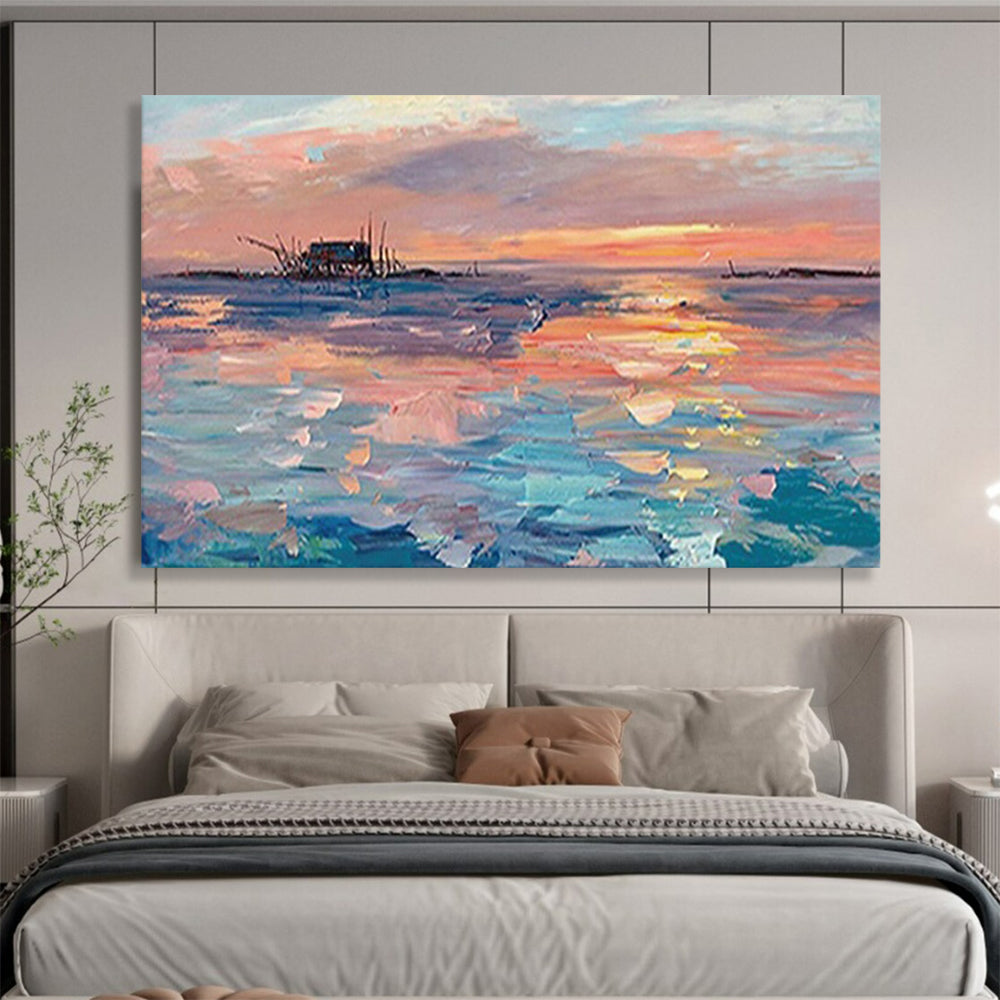Sunset Over the Fishing Village - Impressionist Seascape Painting On Canvas DLZ205