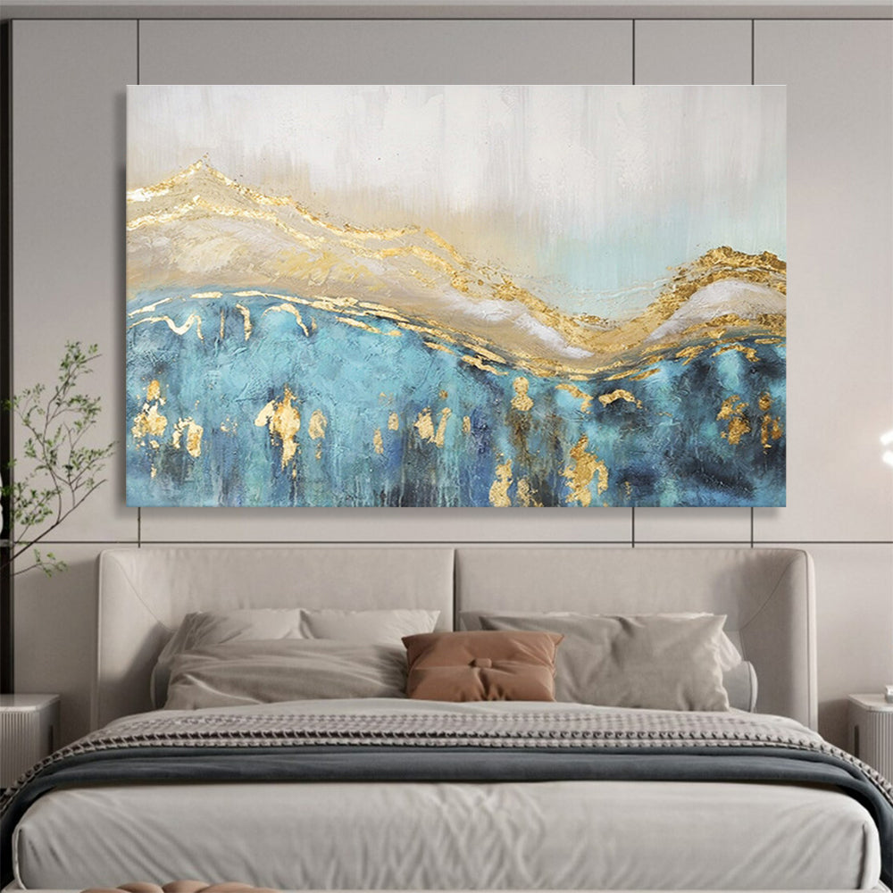 “Gilded Waves of Blue” - Blue, Gold, White Textured Abstract Painting On Canvas DKH733