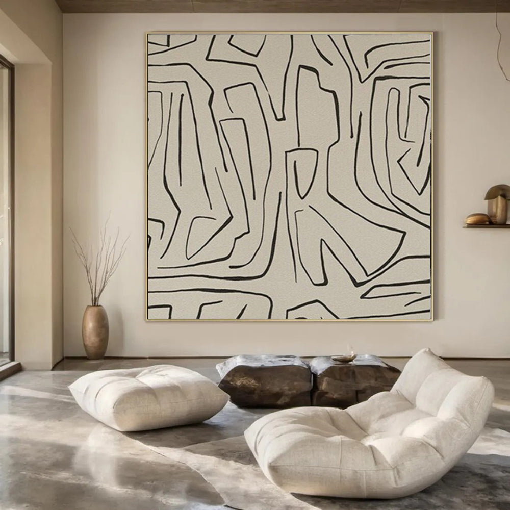 “Beige - Black Linear Abstraction” – Linear Abstract Painting CT1139