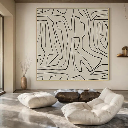 “Beige - Black Linear Abstraction” – Linear Abstract Painting CT1139