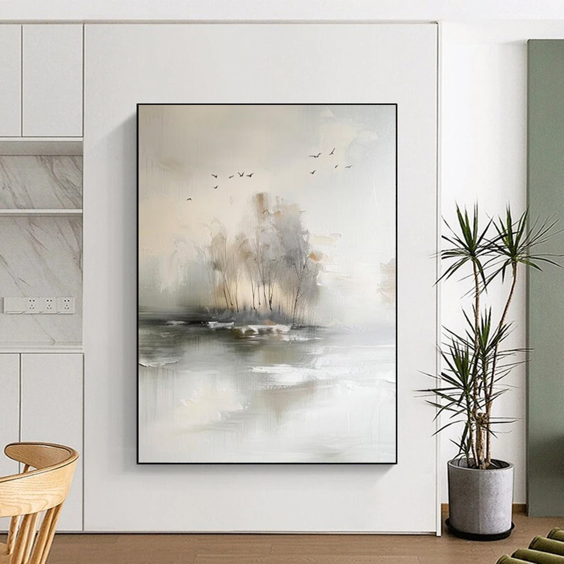 “Serene Misty Landscape” - Soft Gray, Beige & White Abstract Nature Painting On Canvas DKH1190