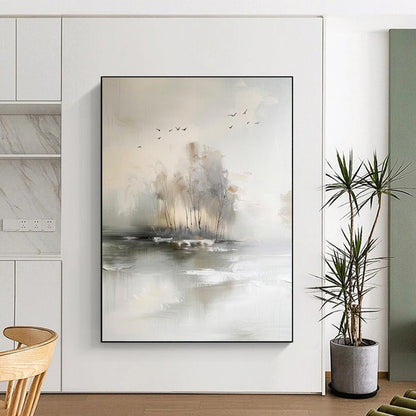 “Serene Misty Landscape” - Soft Gray, Beige & White Abstract Nature Painting On Canvas DKH1190