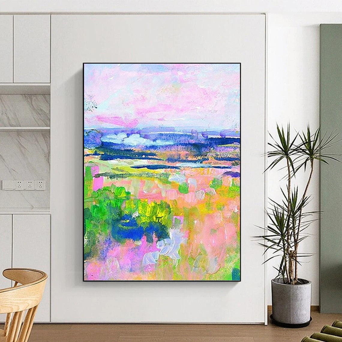 “Colorful Pastel Landscape” - Pink, Purple & Green Impressionistic Painting On Canvas DKH0934