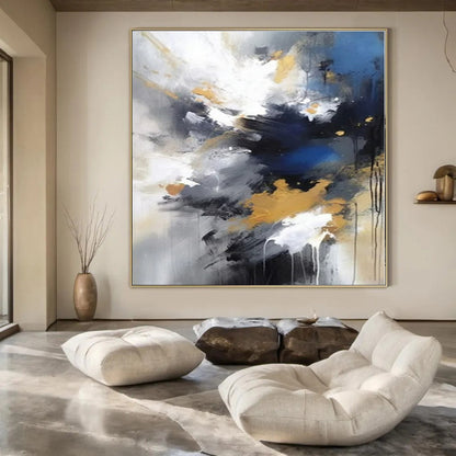 Blue, Gold & Grey Explosion - Abstract Expressionist Acrylic CT1253