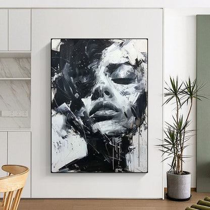 “Dynamic Black - and - White Abstract Face” – Expressive Impasto Portrait Painting On Canvas CT2139