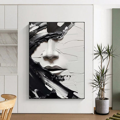 “Textured Black - and - White Face” – Abstract Impasto Portrait Painting On Canvas CT2134