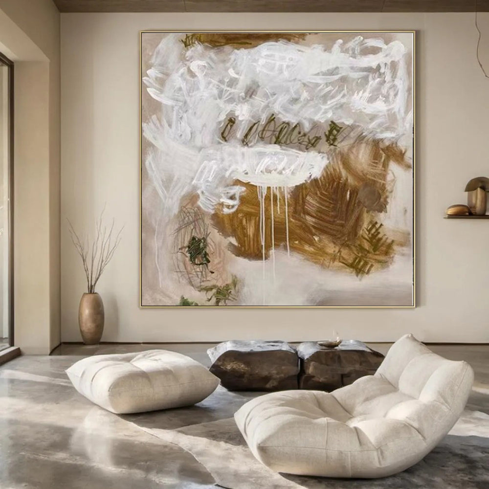 “Expressive Beige - White Abstract” – Abstract Expressionist Painting CT1085