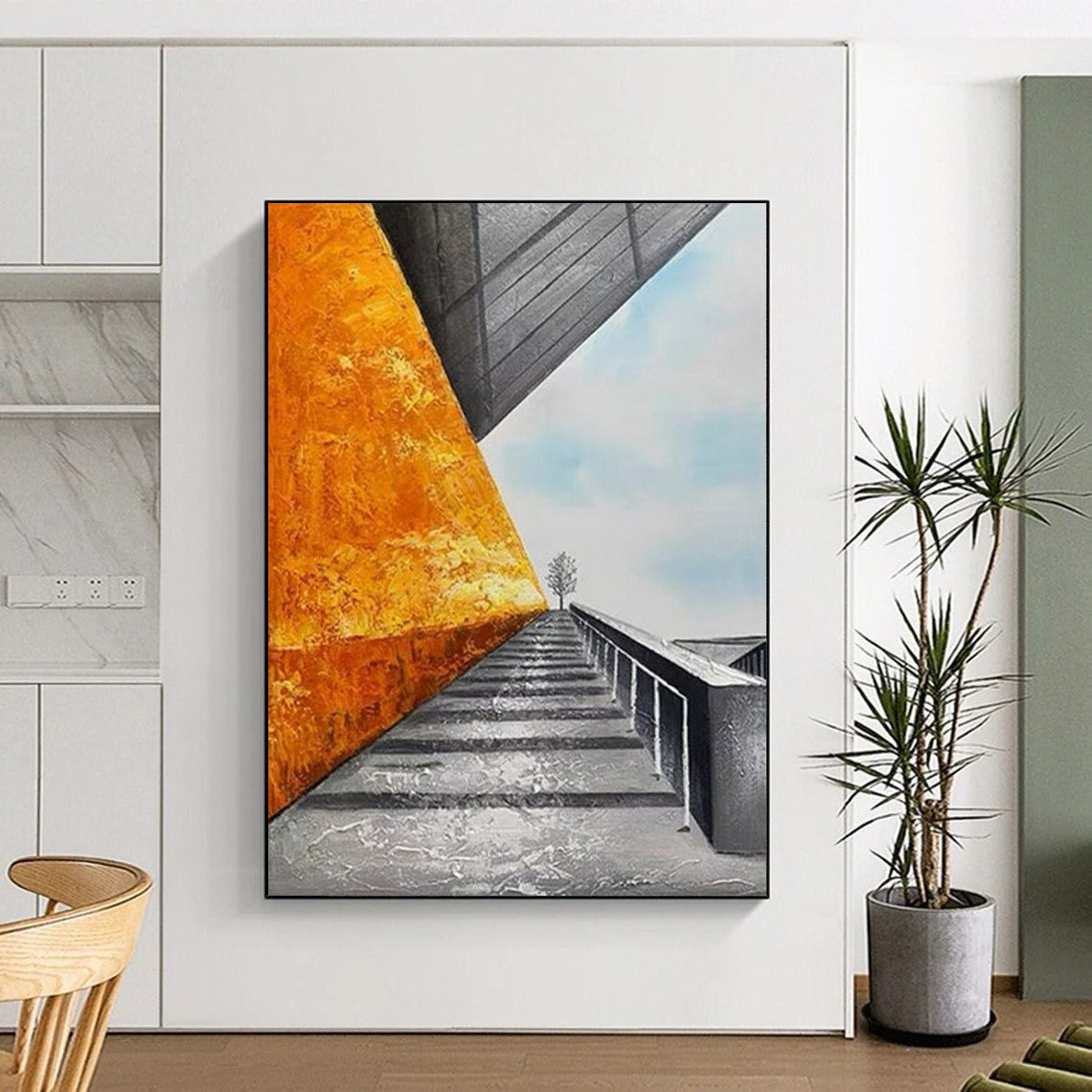 “Golden - Gray Architectural Path” - Orange, Gray, Blue Architectural Scene Painting On Canvas DTP281