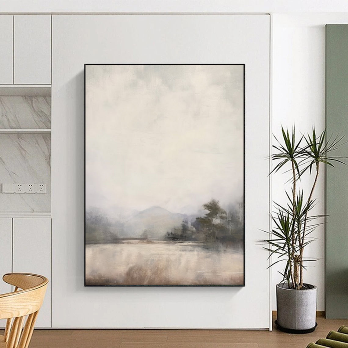 “Misty Lake Dreamscape” – Impressionistic Landscape Oil Painting with Soft Gray and Beige CT2056