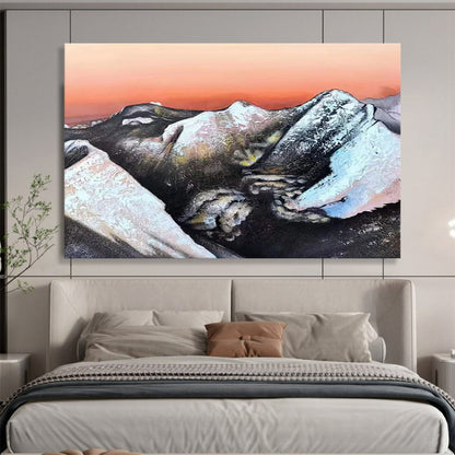 Snow - Capped Mountains Under Orange Sky Painting On Canvas DKH651