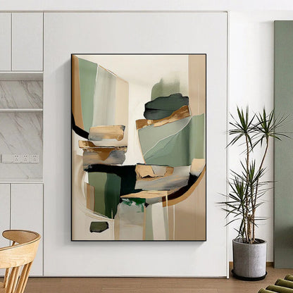 Green, Beige & Gold Geometric Forms, “Elegant Abstraction” - Mixed - Media Abstract Painting CT0764