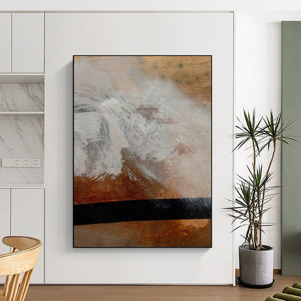 “White Paint on Wood with Black Line” - Experimental Mixed - Media On Wood DTP185