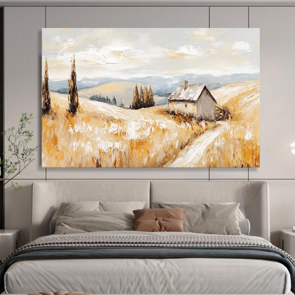 “Golden Field & Cottage” Landscape Oil Painting On Canvas DKH461