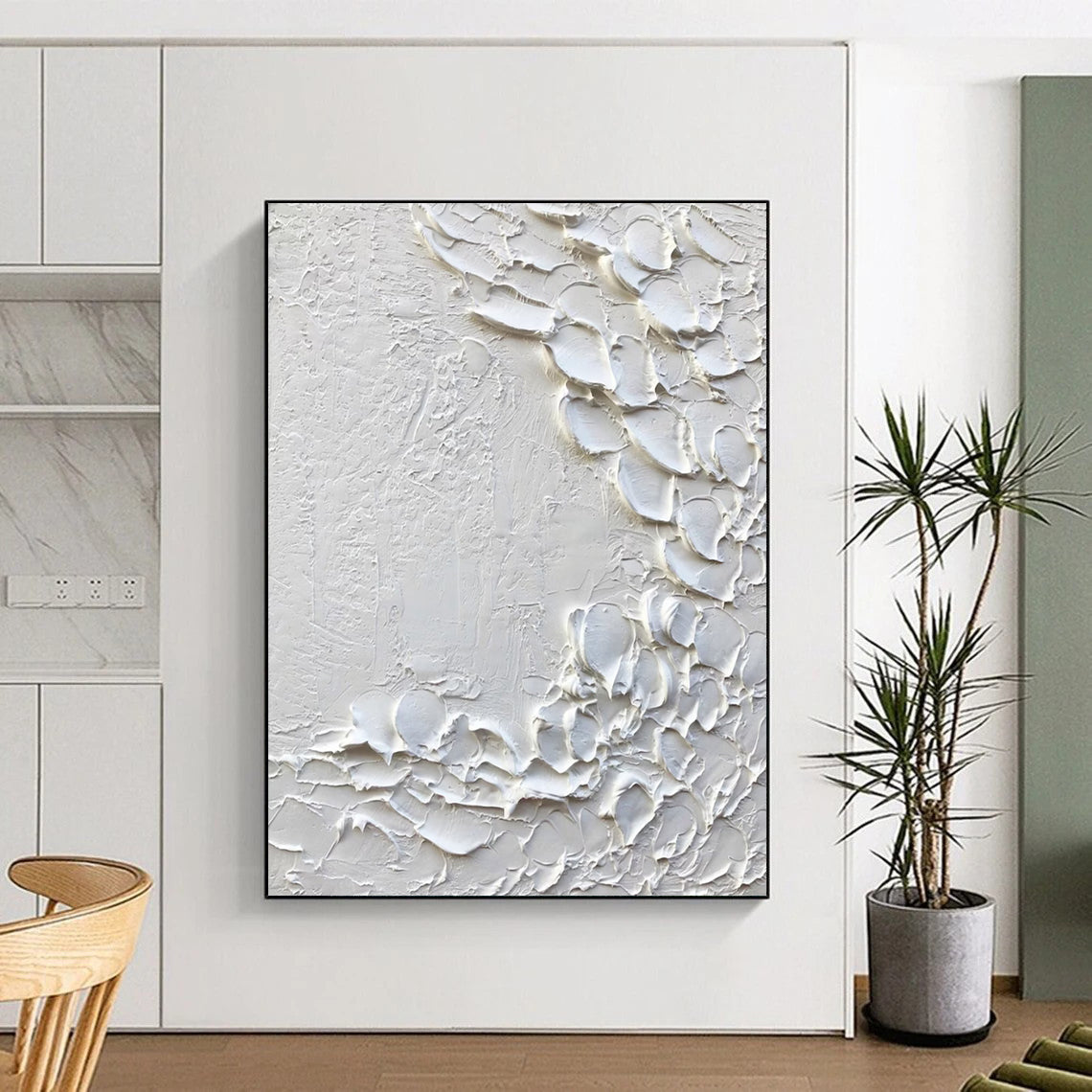 “White, Textured Blossoms ‘Pure Whimsy’” - Impasto Abstract Painting On Canvas DTP373